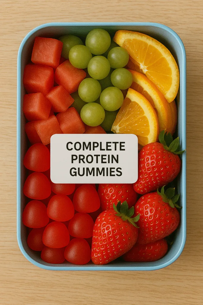 complete protein gummies in a lunchbox with fruit